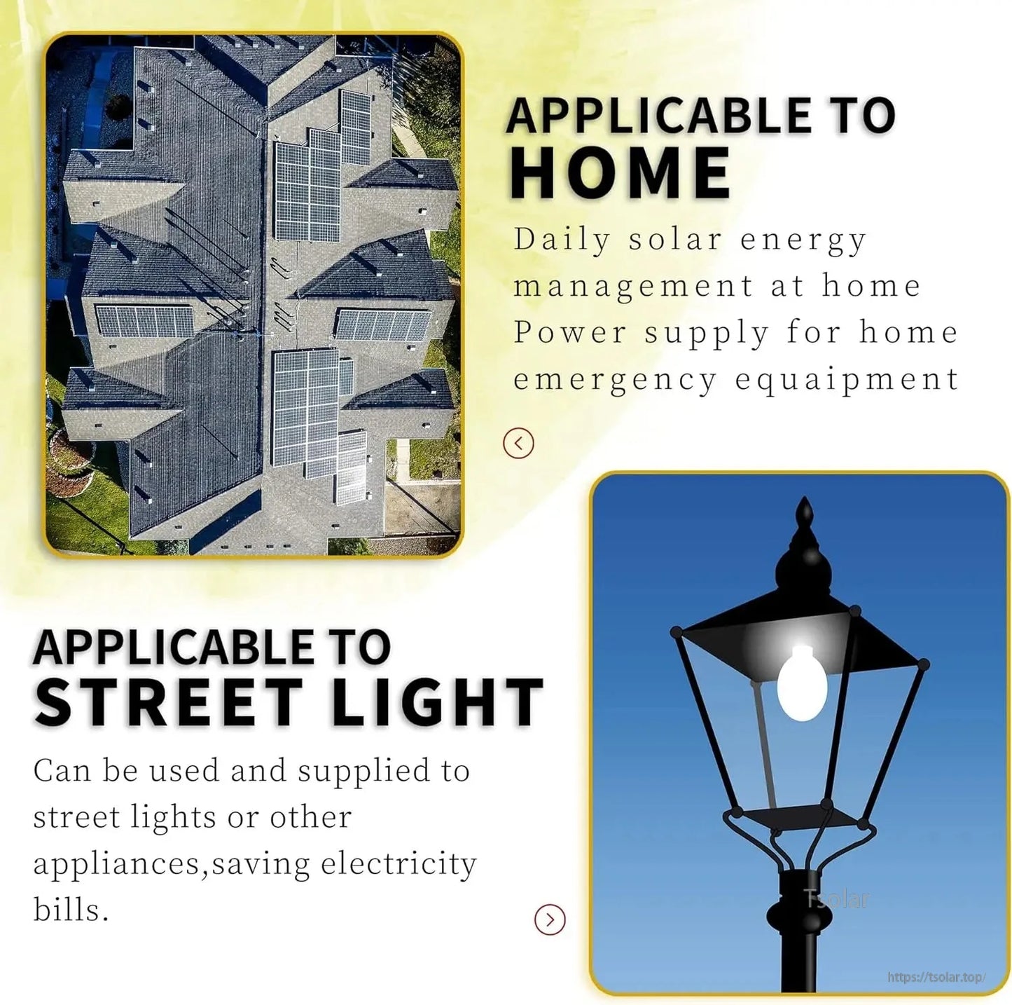 Application graphic showing rooftop solar for home use and street light power supply