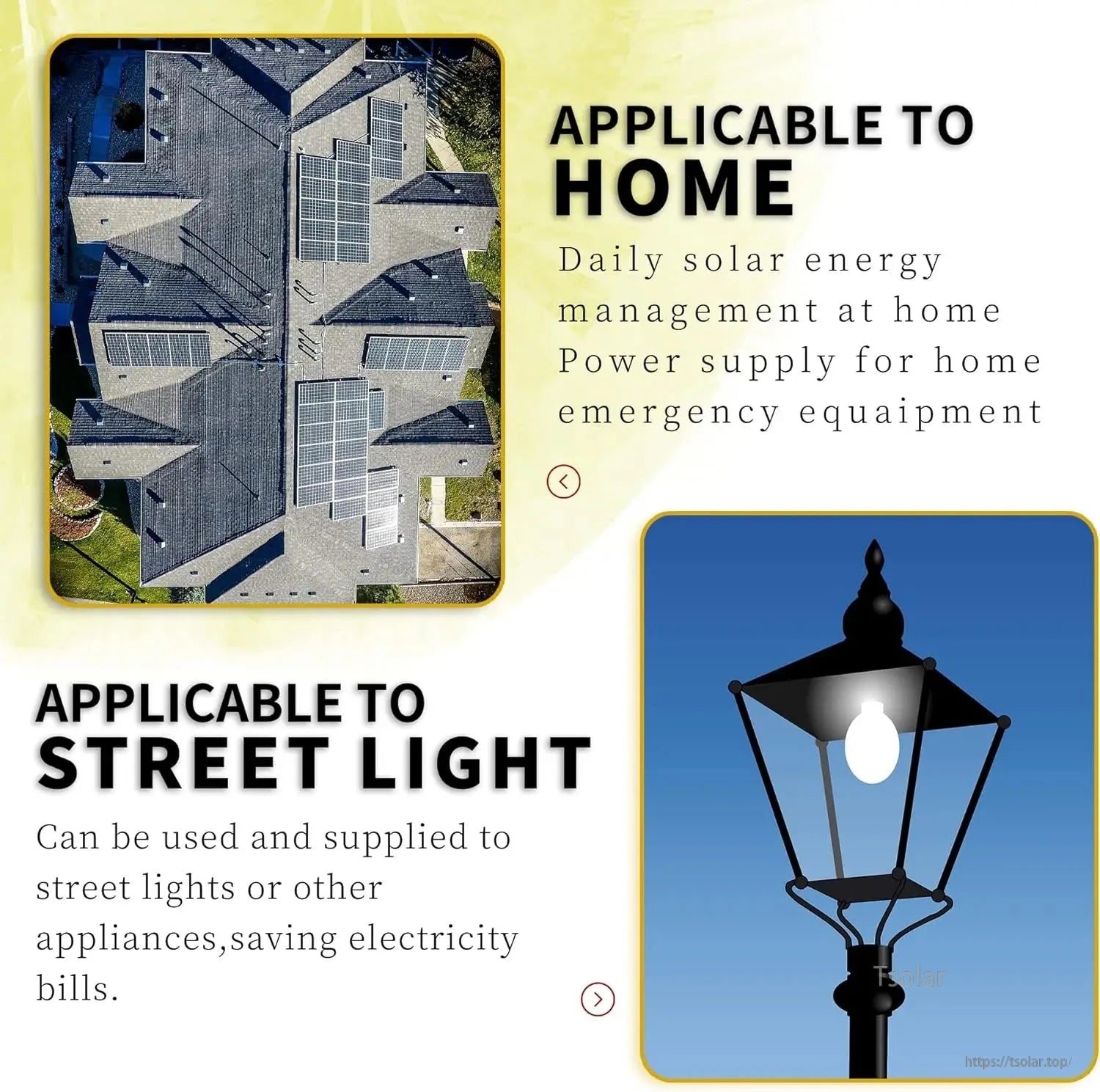 Application graphic showing rooftop solar for home use and street light power supply