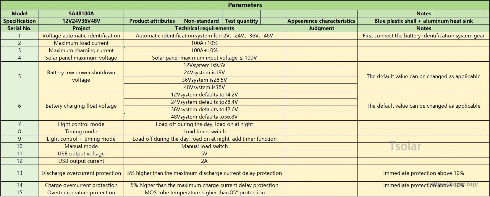 POWLSOJX MPPT Solar Charge Controller SA48100A parameter table with voltage, current limits, and PV input specs