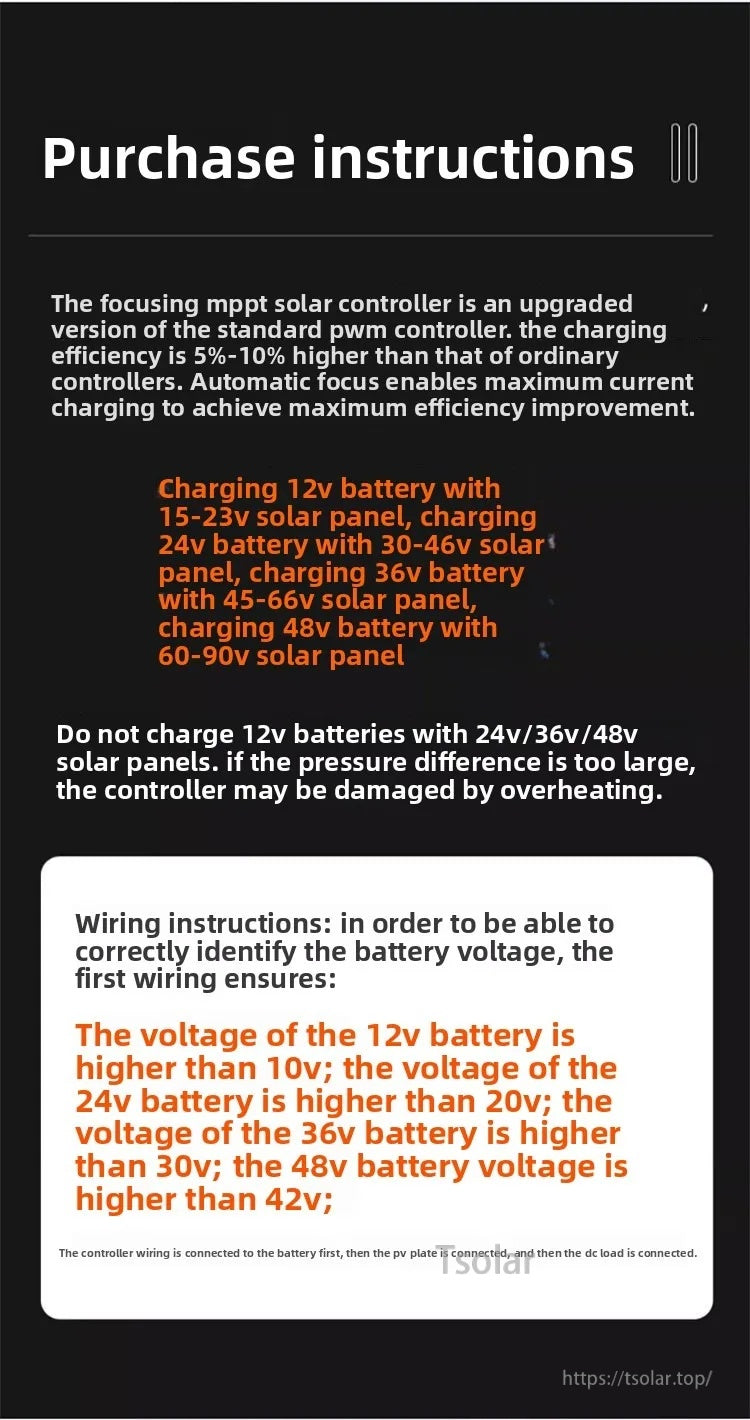Purchase instructions for MPPT controller: supported 12V/24V/36V/48V batteries and PV panel voltage ranges