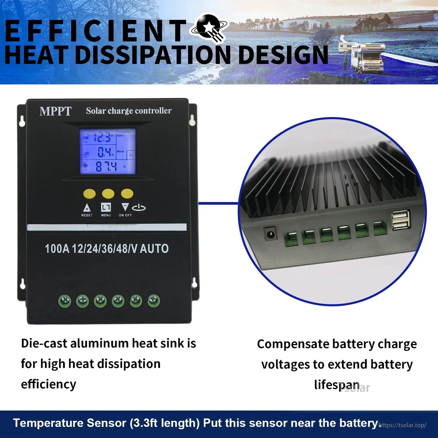 Solar charge controller heat dissipation design with die-cast aluminum heatsink, terminal block and dual USB ports