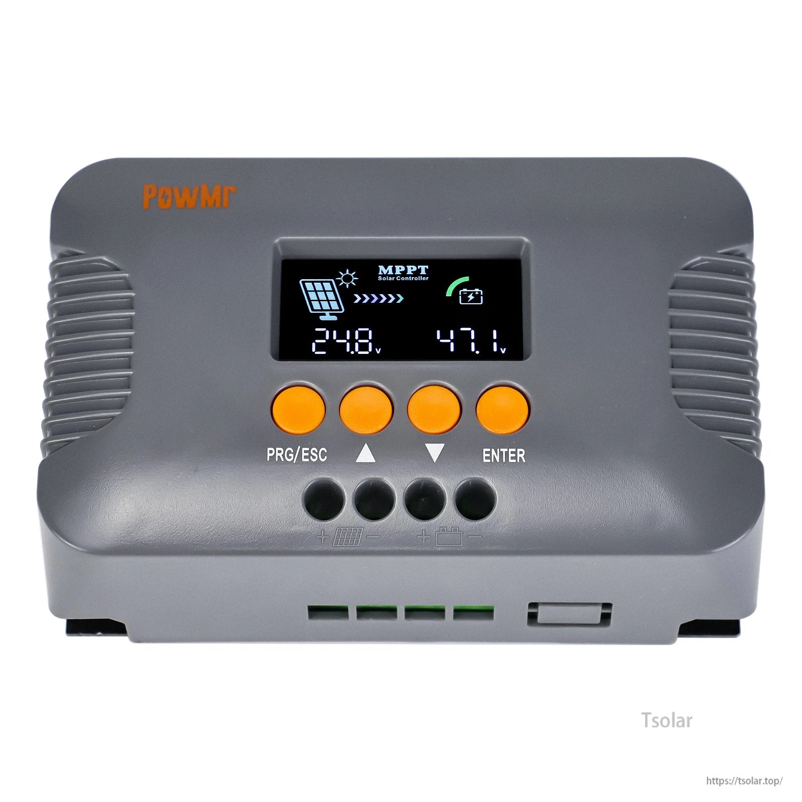 Angled view of PowMr MPPT boost charge controller showing side vents, front buttons, and lower connection area