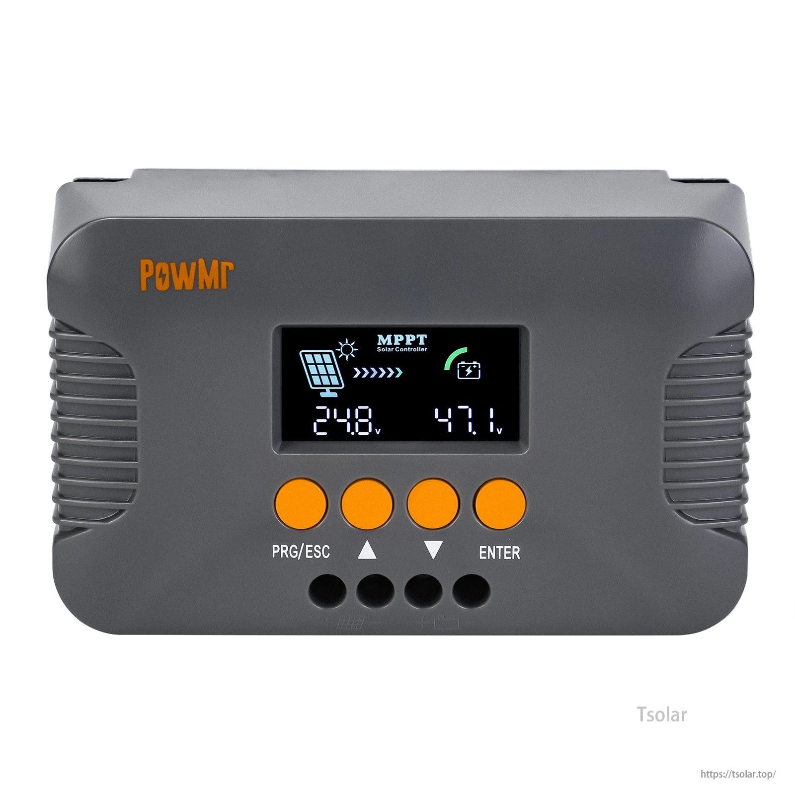 Front view of PowMr POW-Boost 10A MPPT boost controller with backlit LCD status screen and PRG/ESC and ENTER keys