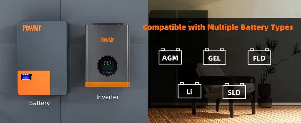 Hybrid inverter wall-mount layout with battery connection and icons for AGM, GEL, FLD, Li and SLD battery types