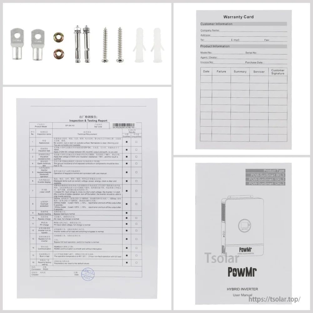 Included accessories and documents: mounting hardware, warranty card, inspection report, and PowMr hybrid inverter user manual