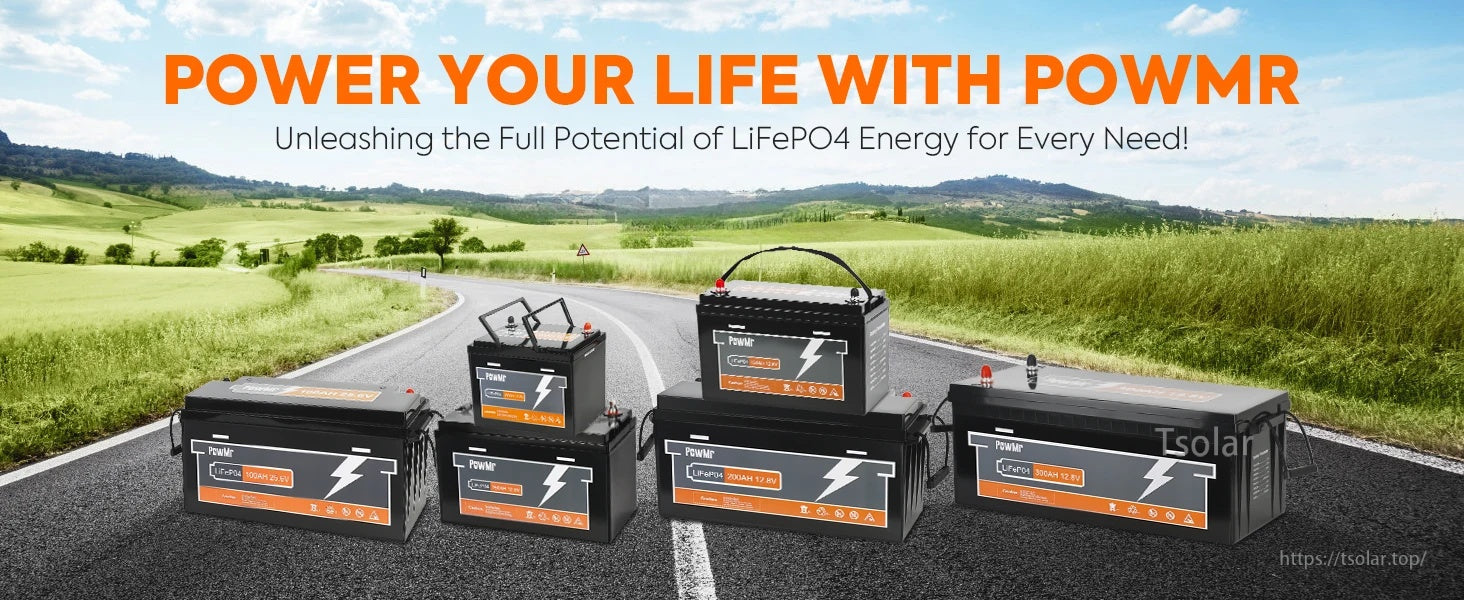PowMr POW-300AH-12.8V 12V 300Ah LiFePO4 battery lineup for off-grid and vehicle power