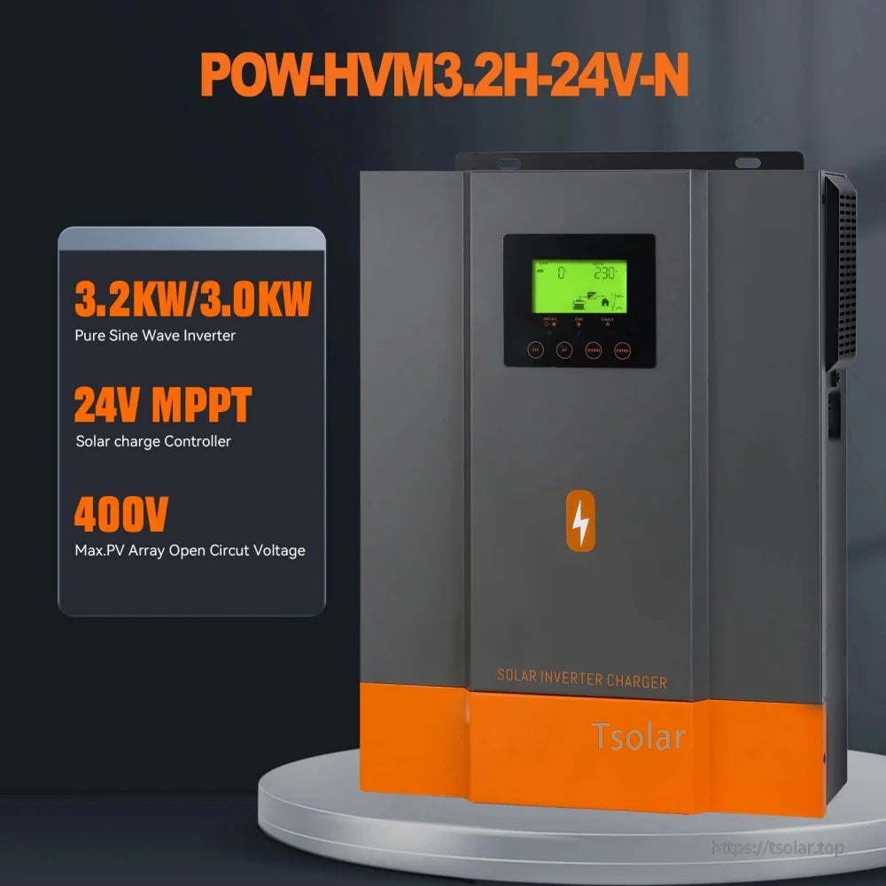 PowMr Hybrid Solar Inverter POW-HVM3.2H-24V-N, 3.2kW/3.0kW pure sine wave, 24V system, 400V PV max