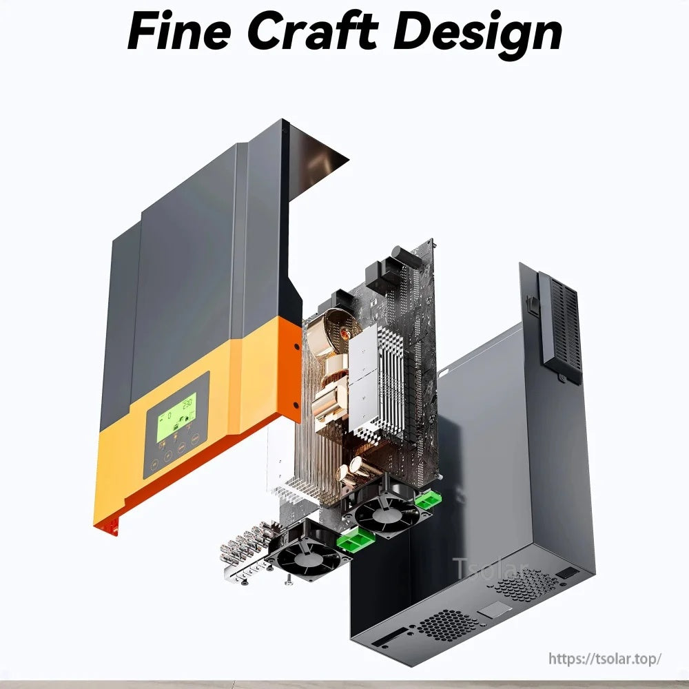 Exploded view of inverter housing with internal PCB, heatsinks and dual cooling fans for thermal management
