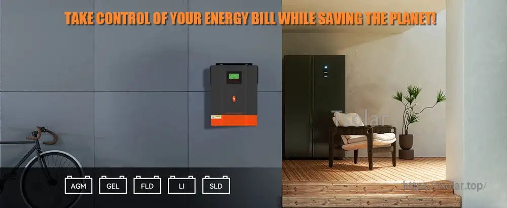 Wall-mounted PowMr hybrid inverter charger for home backup, with icons for AGM, GEL, FLD, LI and SLD battery types