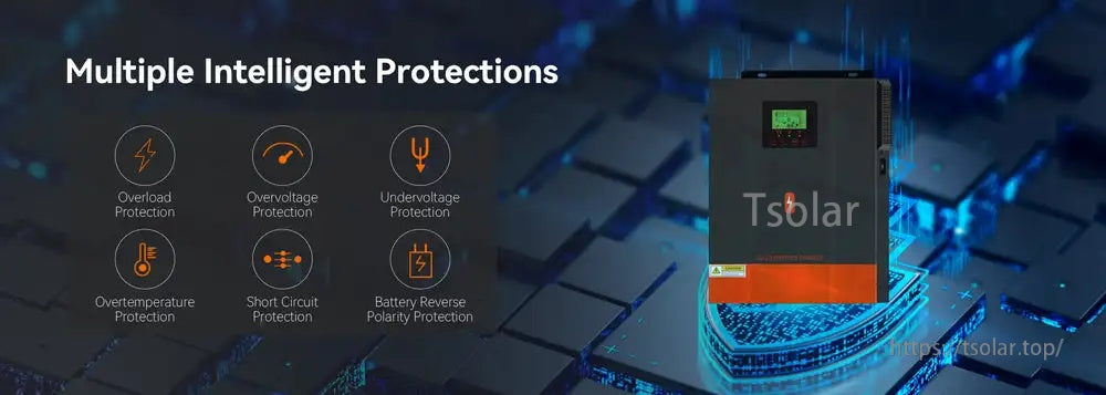 Multiple intelligent protections listed: overload, overvoltage, undervoltage, overtemperature, short circuit, battery reverse polarity