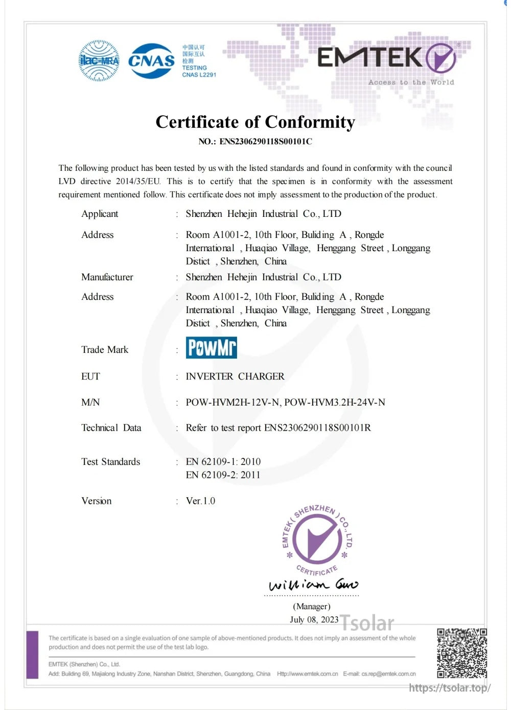 EMTEK Certificate of Conformity for PowMr inverter charger models POW-HVM2H-12V-N and POW-HVM3.2H-24V-N (LVD 2014/35/EU)