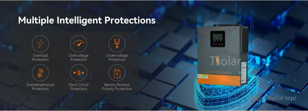 PowMr inverter safety protections overview: overload, overvoltage, undervoltage, overtemperature, short circuit, reverse polarity
