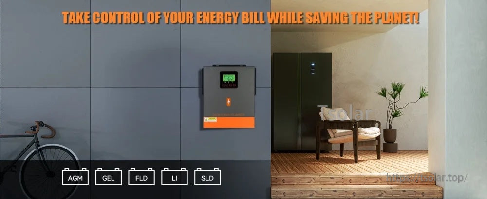 Wall-mounted PowMr hybrid inverter for solar and battery backup, compatible with AGM, gel, flooded and lithium batteries