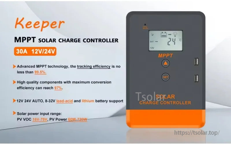 PowMr POW-Keeper MPPT Solar Charge Controller 30A with LCD screen and dual USB ports for 12V/24V systems