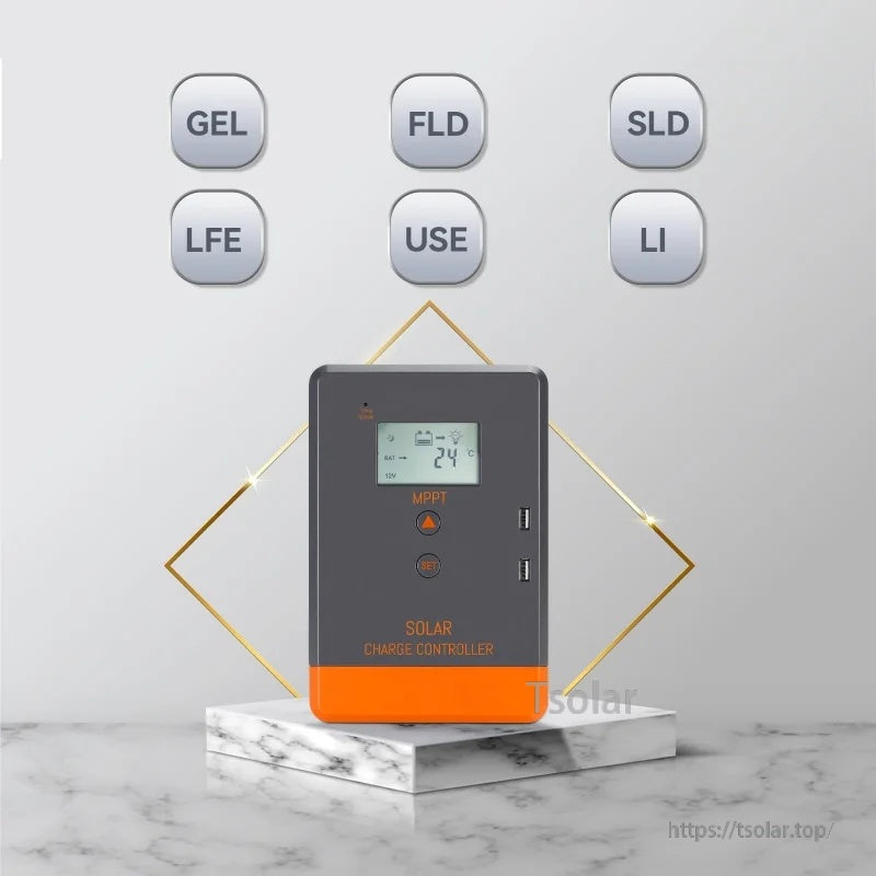 Selectable battery type options on display: GEL, FLD, SLD, LFE (LiFePO4), USE, and LI lithium profiles