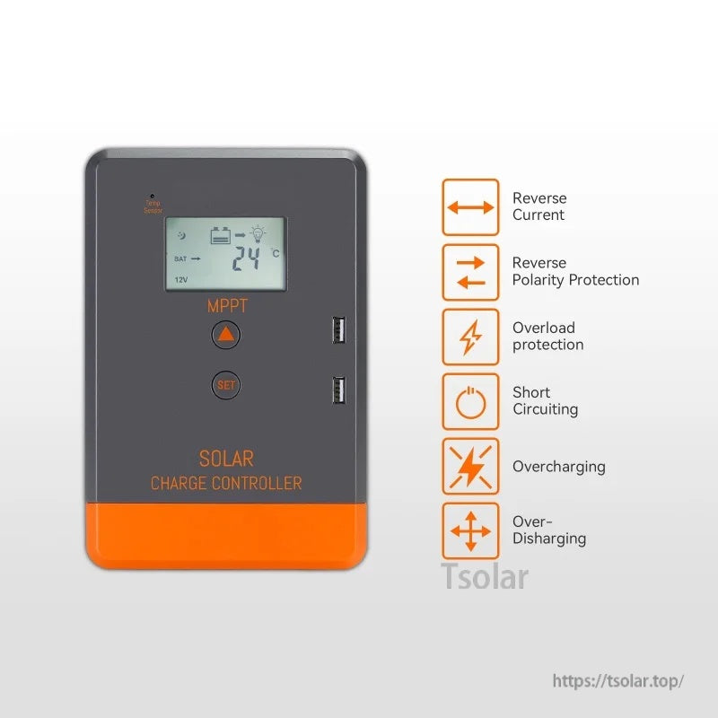 Built-in protection functions list: reverse current, reverse polarity, overload, short circuit, overcharge, and over-discharge
