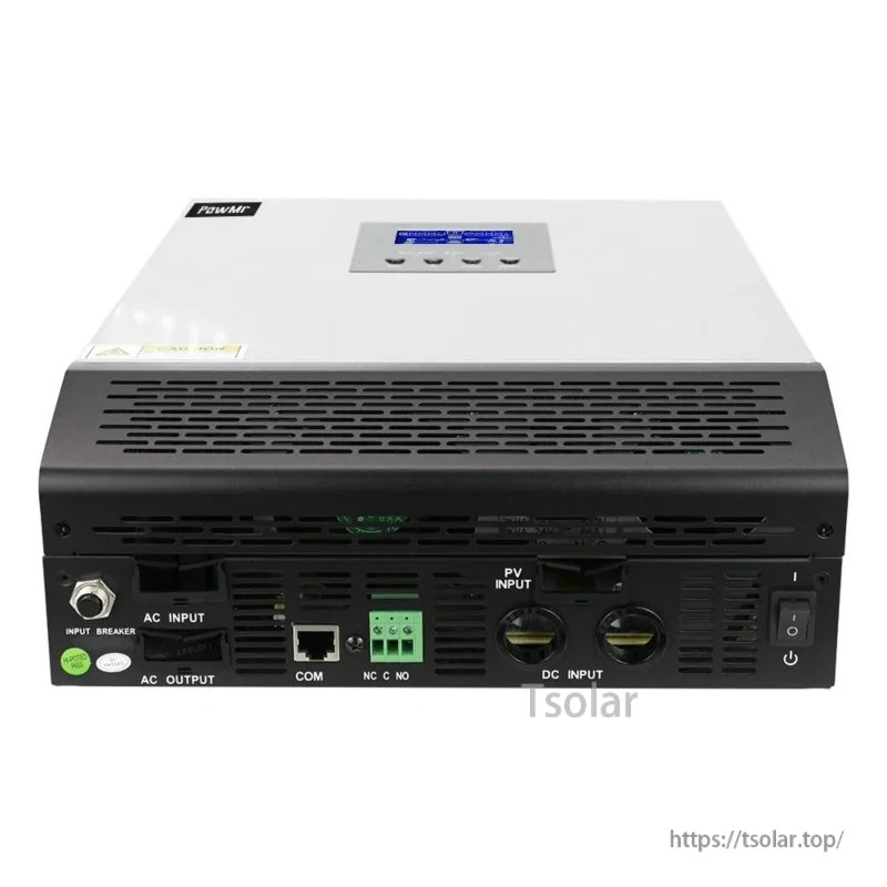 Rear connection panel with AC input/output, PV input, DC battery input terminals, communication port, and power switch
