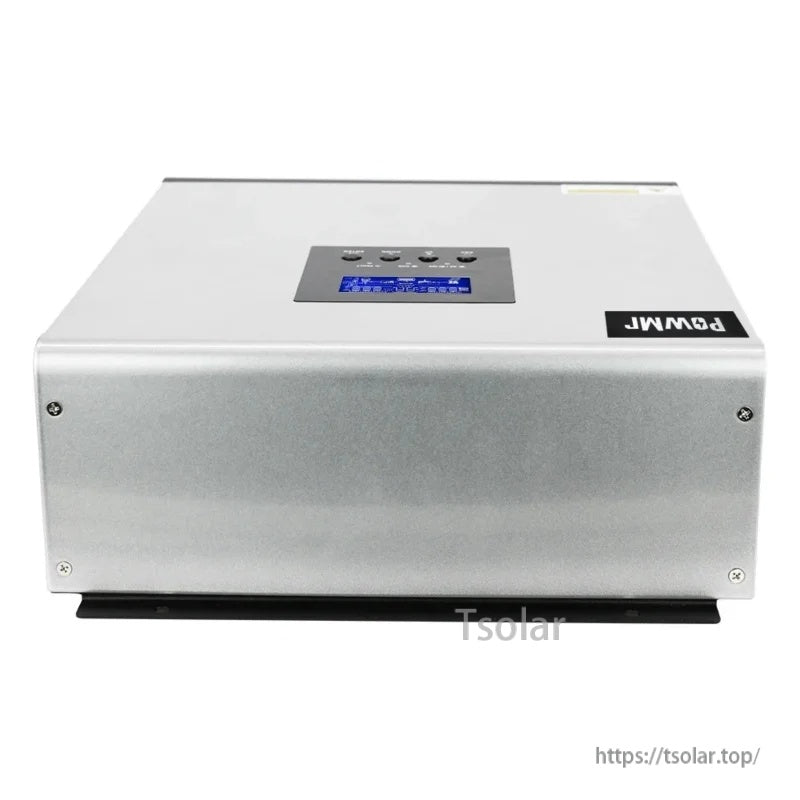 Top view of the silver PowMr inverter case with recessed LCD display panel and front edge ventilation grille