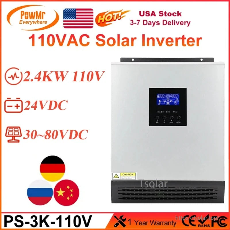 PowMr PS-3K-110V 110VAC hybrid solar inverter product graphic with 24VDC battery and 30–80V PV input range