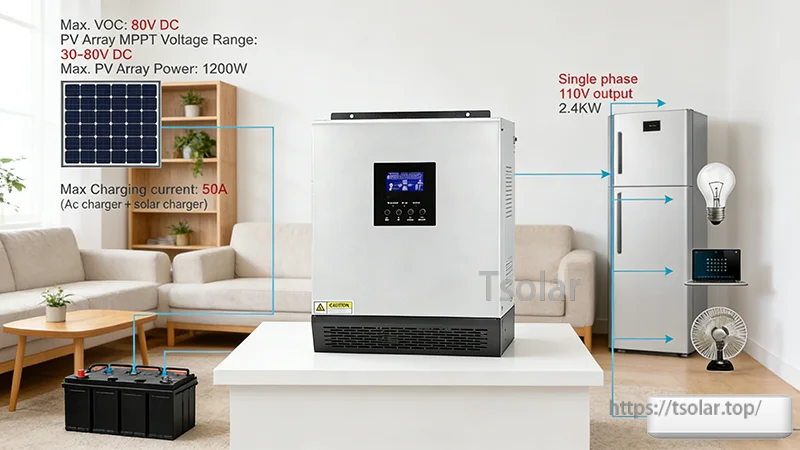 Room layout graphic showing inverter with PV panels, 24V battery bank, and 110V appliances connection path