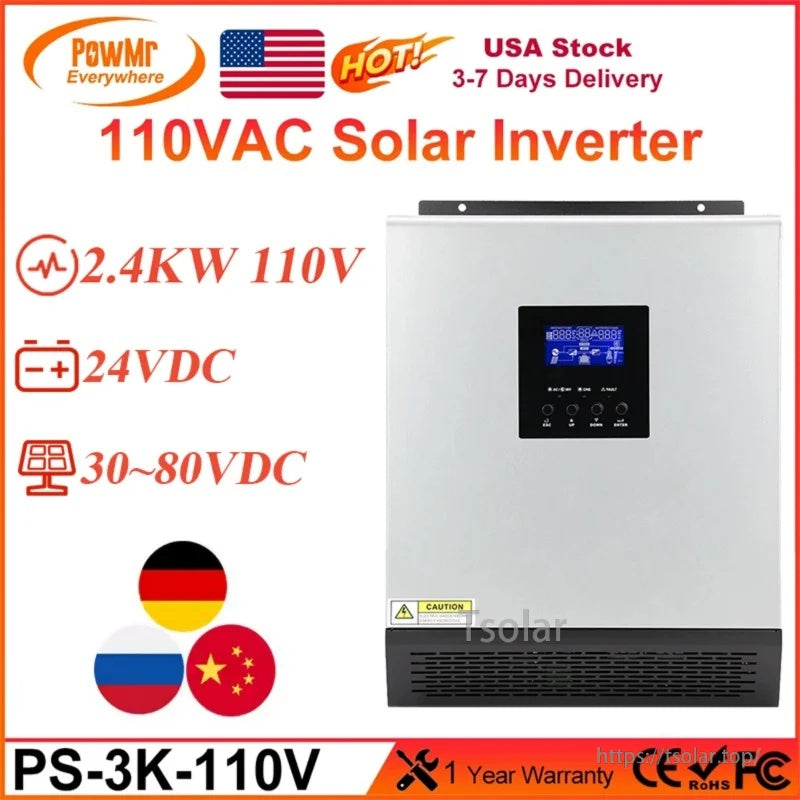 PowMr PS-3K-110V 110VAC solar inverter, 24VDC system with 30–80V PV input range and 2.4kW output