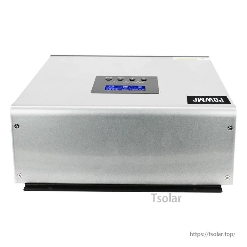 Top view of PowMr inverter charger enclosure with PowMr logo and recessed LCD control panel