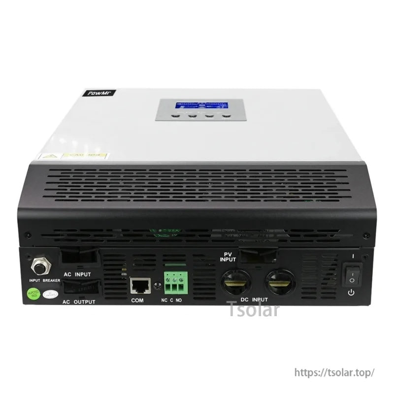 Rear connection panel with AC input/output terminals, PV input, DC battery input, communication port, and power switch