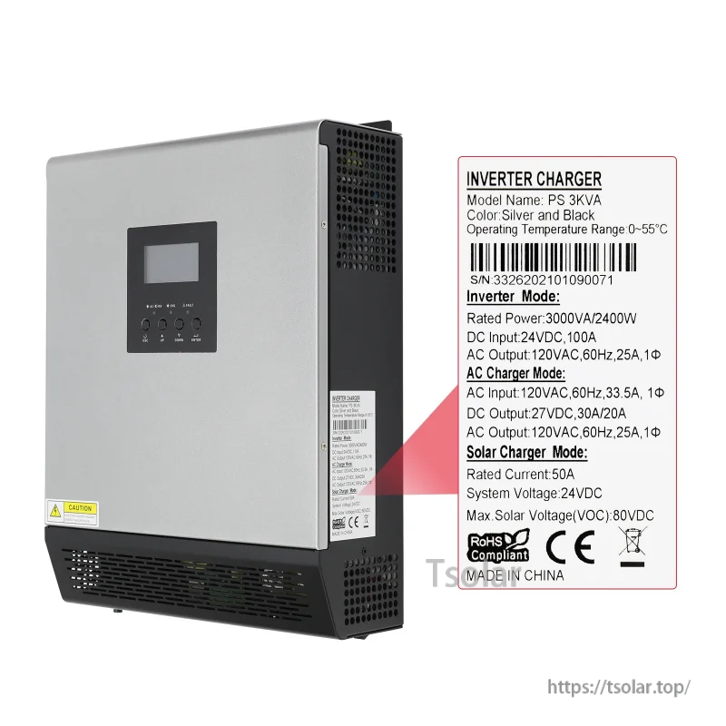 Side label close-up on PowMr inverter charger listing 3000VA/2400W rating, 24VDC system, and CE/RoHS marks