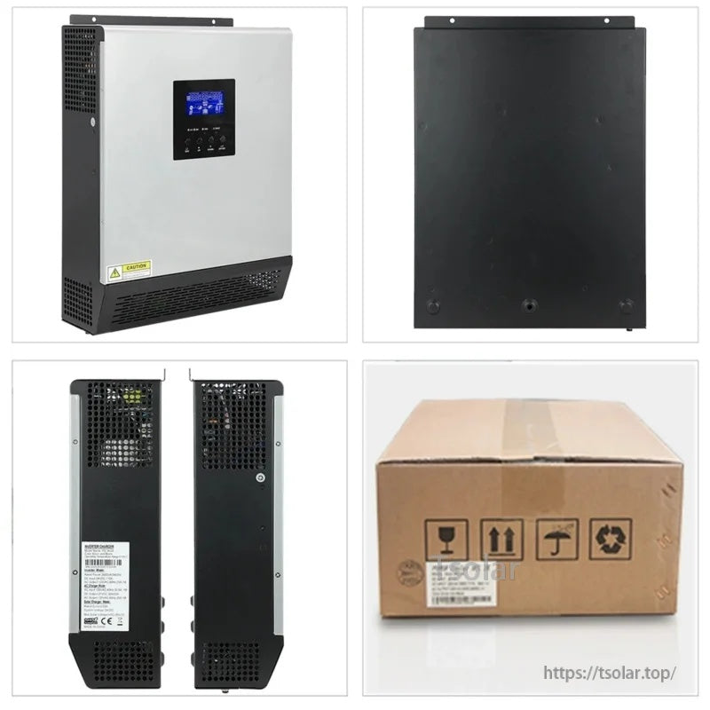 Multi-angle product gallery: front, back, side vents, and retail carton for the PowMr inverter charger