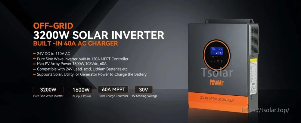 PowMr POW-LVM3.2K-24V 3200W 24V hybrid solar inverter charger with 60A MPPT, 110/120Vac output
