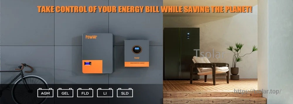 Wall-mounted PowMr inverter in home interior setting, compatible with AGM, GEL, flooded, lithium and sealed batteries