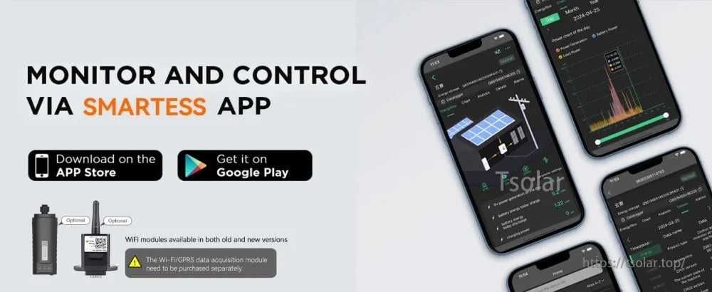 SmartESS app monitoring for PowMr inverter, with iOS and Android download badges and optional WiFi/GPRS module