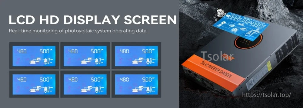 LCD HD display screen views for PowMr hybrid inverter, showing real-time PV system operating data readouts