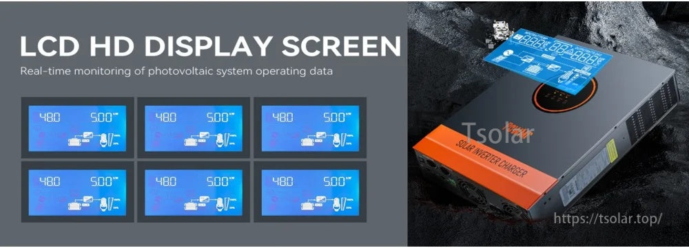PowMr POW-LVM3K-24V-H LCD HD display interface for real-time PV, battery, and load monitoring