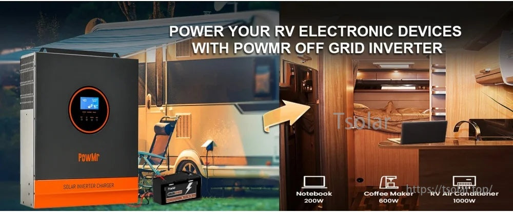 PowMr solar inverter charger powering RV appliances, with icons for notebook, coffee maker, and RV air conditioner