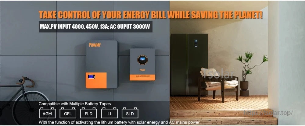 Wall-mounted PowMr hybrid inverter with product highlights: max PV input 4000W, 450V, 13A; AC output 3000W