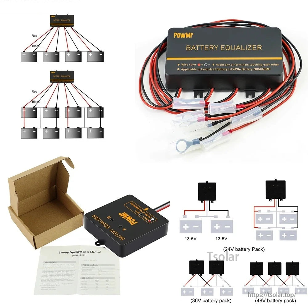 Package contents with PowMr battery equalizer, wiring leads, manual and box, plus wiring examples for 24V/36V/48V packs