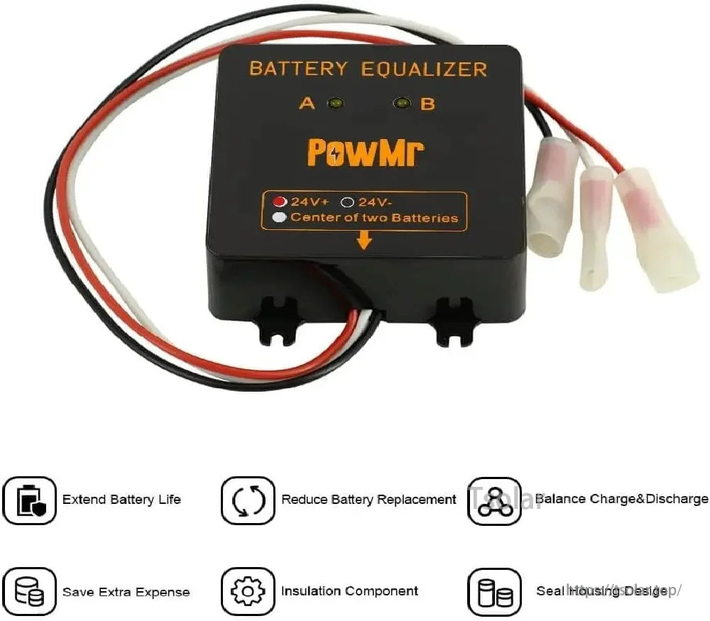 PowMr Battery Balancer close-up with A/B indicator lights and labeled 24V+/24V- and center-of-two-batteries connection