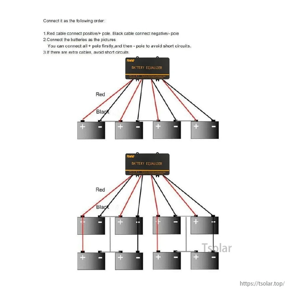 Connection order guide for battery equalizer wiring, highlighting red positive and black negative leads to avoid short circuits
