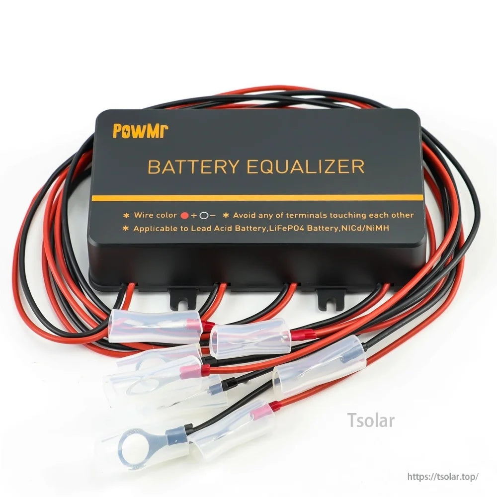 PowMr Battery Balancer (battery equalizer) with prewired red/black leads and insulated ring terminals for battery connection