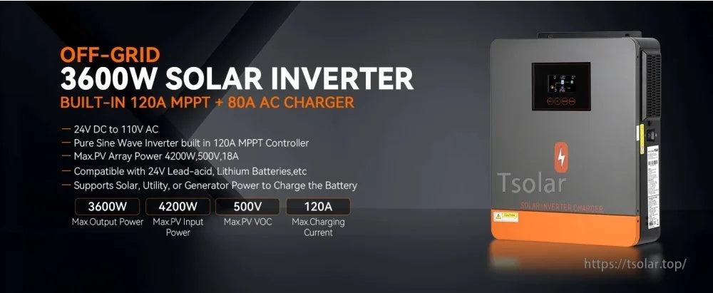 PowMr POW-LVM3.6M-24V 3.6KW solar hybrid inverter with 120A MPPT charge controller, 24V to 110V output