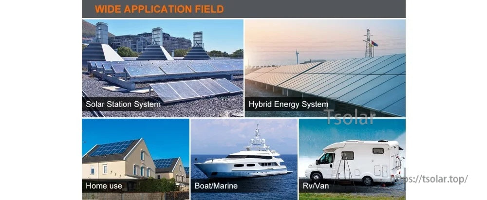 Application scenarios for solar hybrid inverter: solar station system, hybrid energy system, home use, boat/marine, RV/van