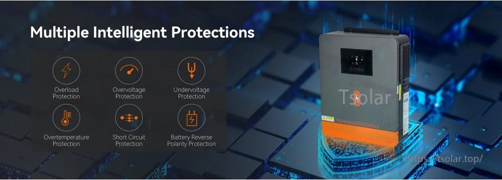 PowMr hybrid solar inverter protection icons for overload, over/undervoltage, overtemperature, short circuit, reverse polarity