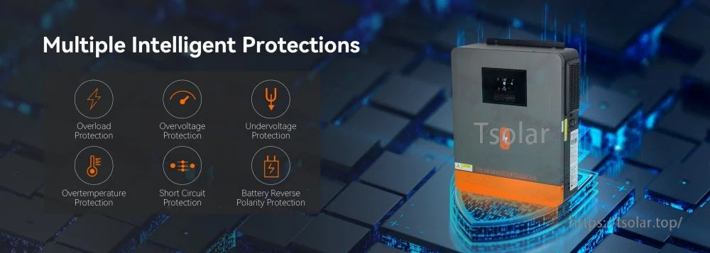 PowMr inverter graphic listing protections: overload, overvoltage, undervoltage, overtemperature, short circuit, reverse polarity