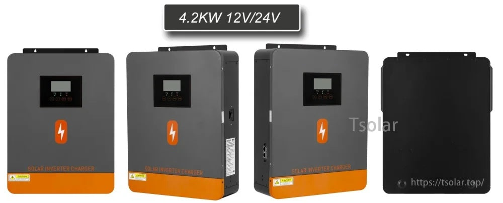 PowMr POW-HVM4.2K-24V-D inverter shown from multiple angles, including front display and side profile