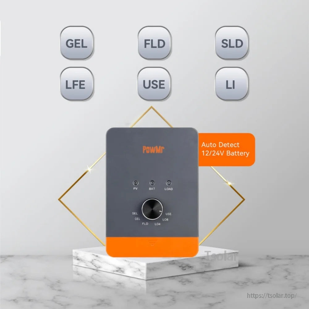 PowMr solar charge controller with rotary knob and status LEDs, supporting GEL/FLD/SLD/Li battery types and auto 12/24V