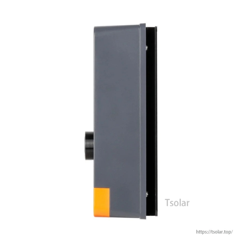 Side view of PowMr MPPT solar charge controller with a protruding control knob and grey/orange housing.