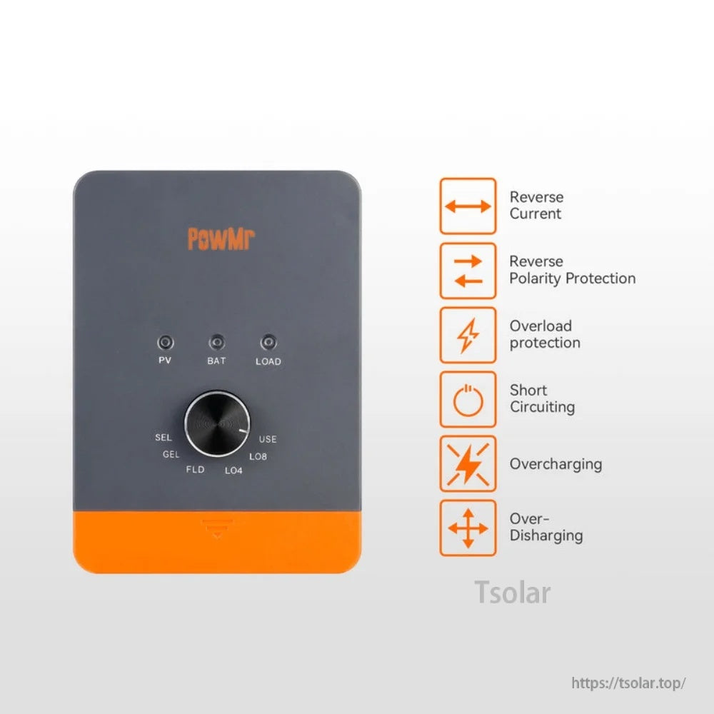 PowMr solar charge controller with front dial and PV/BAT/LOAD status lights, plus protection feature icons
