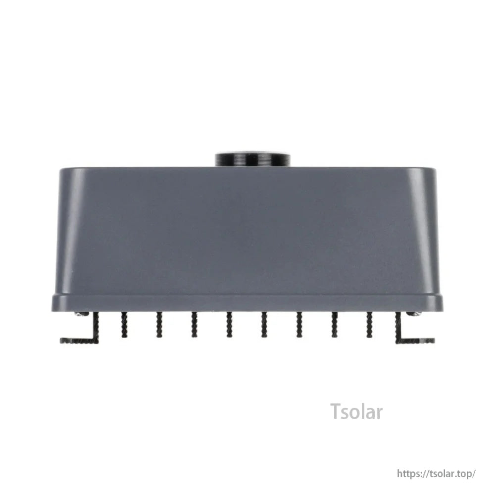 Side view of a gray PowMr MPPT solar charge controller with top knob and multiple connector pins underneath