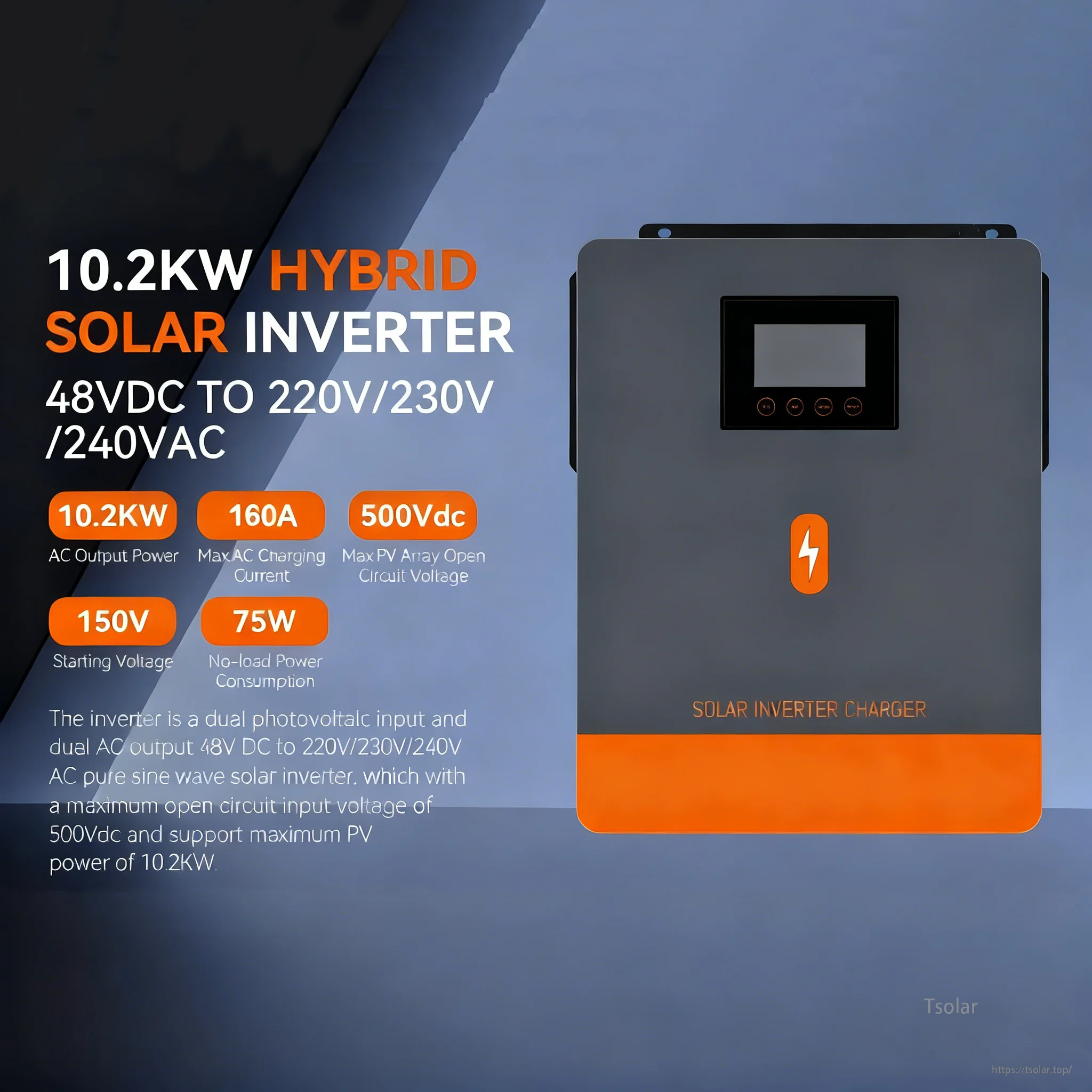 PowMr POW-HVM10.2M 10.2kW hybrid solar inverter, 48VDC to 220/230/240VAC, 160A MPPT